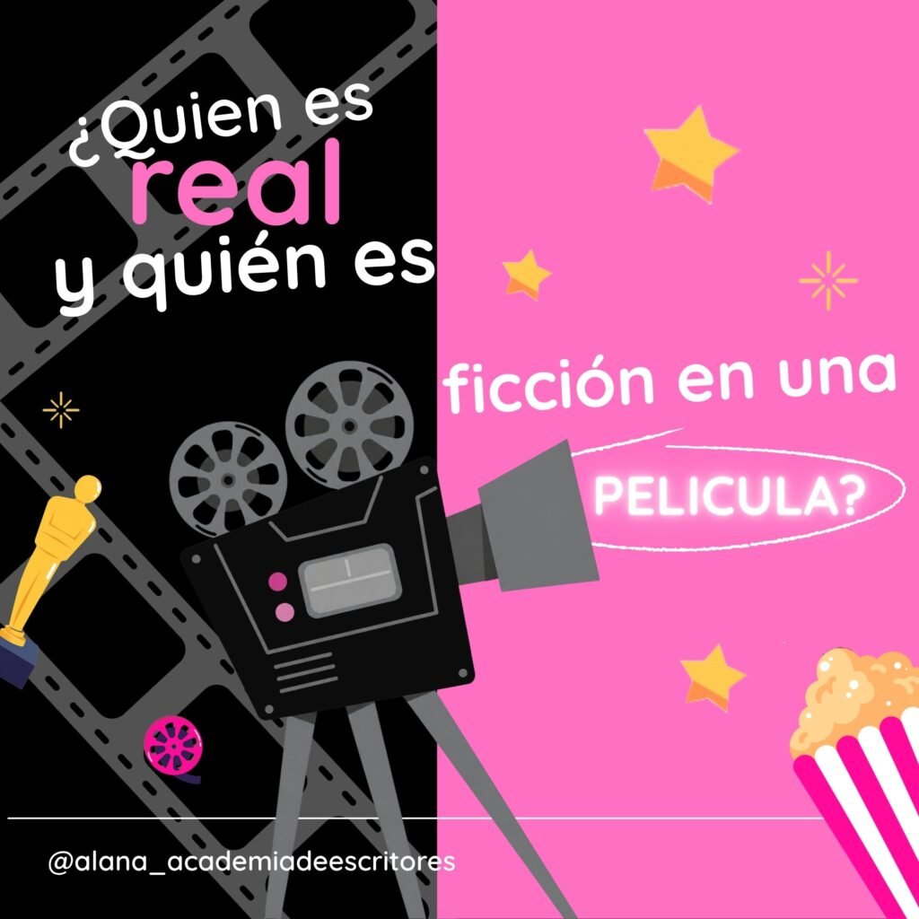 Imagen con el texto "¿Quién es real y quién es ficción en una película?" que compara al director de cine con el escritor de un libro para explicar la voz narrativa.