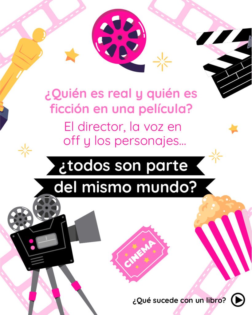 Análisis de elementos narrativos en películas y libros. Dibujos de cámara de cine y claqueta con la frase: ¿Quién es real y quién es ficción en una película? El director, la voz en off y los personajes... ¿Todos son parte del mismo mundo?
