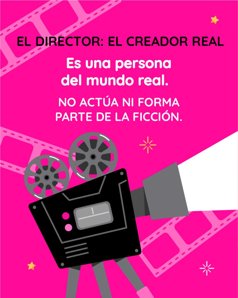 Teoría narrativa sobre el autor: "El Director: El creador real. Es una persona del mundo real. No actúa ni forma parte de la ficción". Ilustración de cámara de cine profesional sobre fondo fucsia.