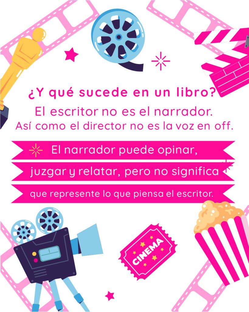 Técnica literaria avanzada: ¿Y qué sucede en un libro? El escritor no es el narrador. Así como el director no es la voz en off. El narrador puede opinar y juzgar, pero no representa lo que piensa el escritor.