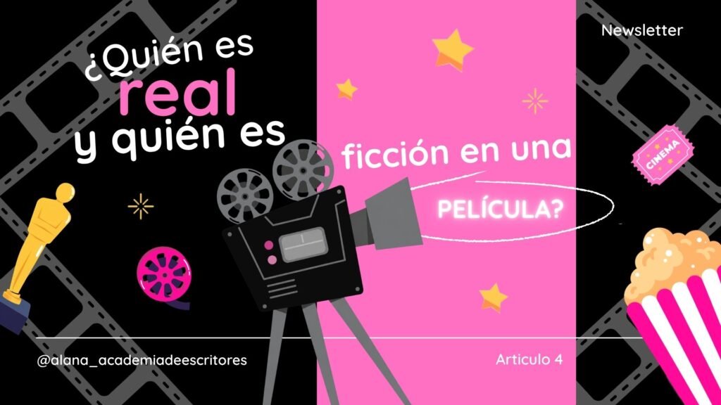Portada del artículo 4 de Newsletter sobre realidad y ficción: ¿Quién es real y quién es ficción en una película? El director, la voz en off y los personajes... ¿todos son parte del mismo mundo? Ilustración con cámara, claqueta y palomitas.