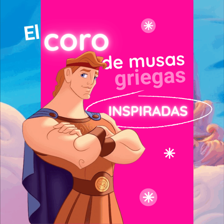 Portada cuadrada de Hércules de Disney de brazos cruzados con fondo rosa y azul con el texto: el coro de musas griegas inspiradas.