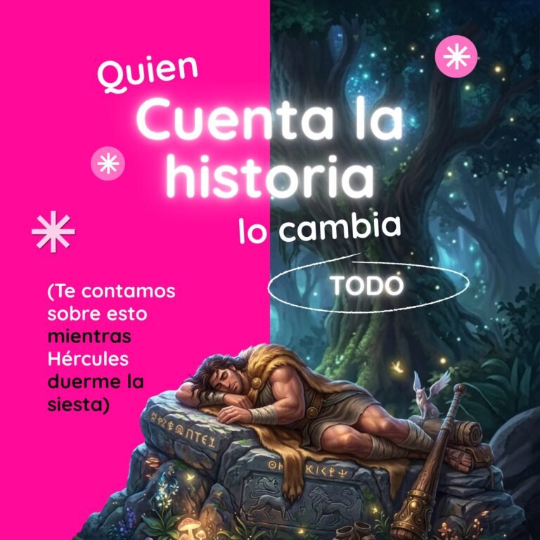 Gráfica cuadrada con el texto "Quien cuenta la historia lo cambia todo" sobre una ilustración de Hércules durmiendo, explicando la importancia de la voz narrativa.