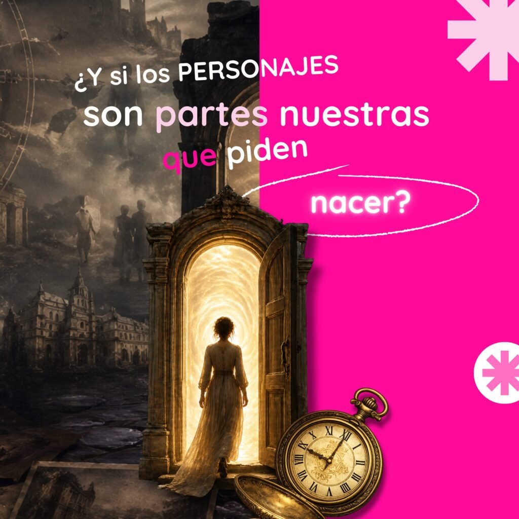 Portada cuadrada sobre personajes literarios: mujer frente a un portal mágico con un reloj antiguo y la frase ¿Y si los personajes son partes nuestras que piden nacer?