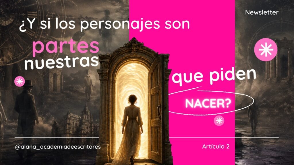Portada del artículo 2 de Newsletter sobre personajes literarios: mujer frente a un portal mágico con un reloj antiguo y la frase ¿Y si los personajes son partes nuestras que piden nacer?