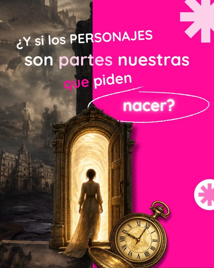 Portada sobre personajes literarios: mujer frente a un portal mágico con un reloj antiguo y la frase ¿Y si los personajes son partes nuestras que piden nacer?
