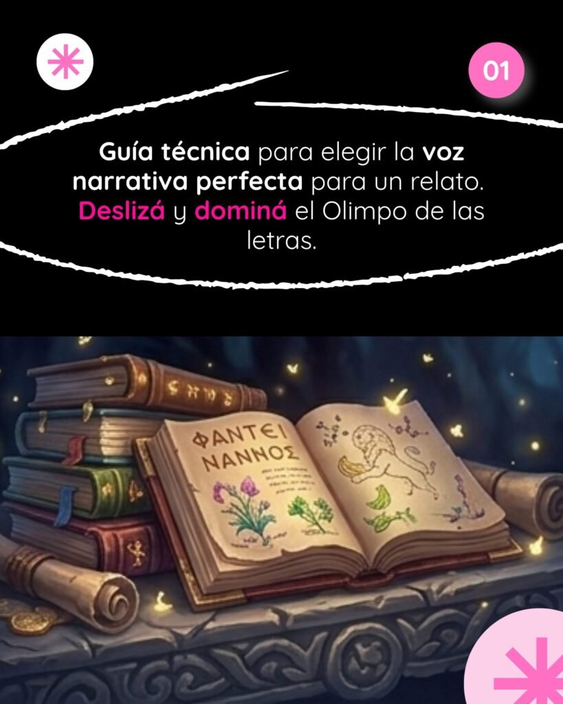Infografía técnica con el título "Guía técnica para elegir la voz narrativa perfecta para un relato" junto a la ilustración de un libro antiguo.