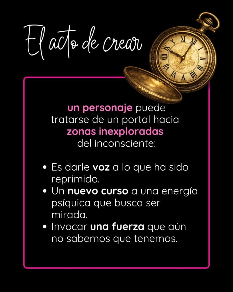 Infografía sobre psicología de la creación de personajes con la frase El acto de crear: un personaje como portal hacia el inconsciente, junto a un reloj antiguo sobre fondo negro.