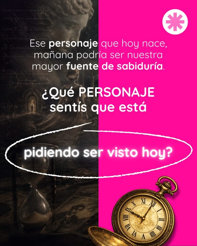 Consejos para crear personajes: Estatua clásica y reloj antiguo con la frase "Ese personaje que hoy nace, mañana podría ser nuestra mayor fuente de sabiduría. ¿Qué personaje sentís que está pidiendo ser visto hoy?".