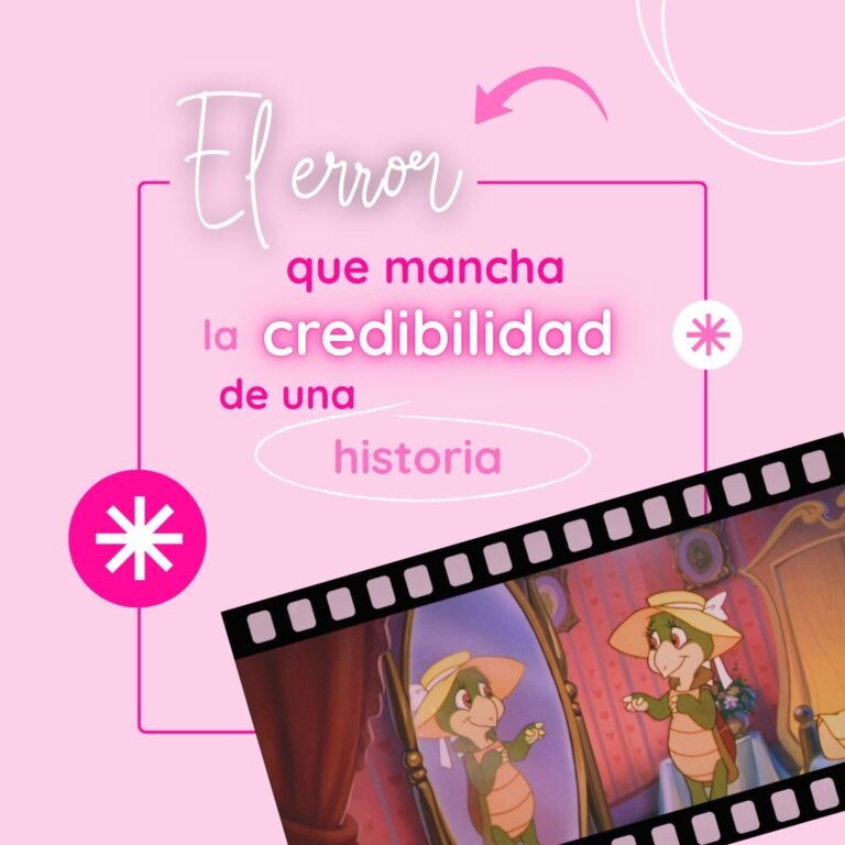 Diseño cuadrado sobre el error que mancha la credibilidad de una historia, ilustrado con Manuelita la tortuguita mirándose al espejo.