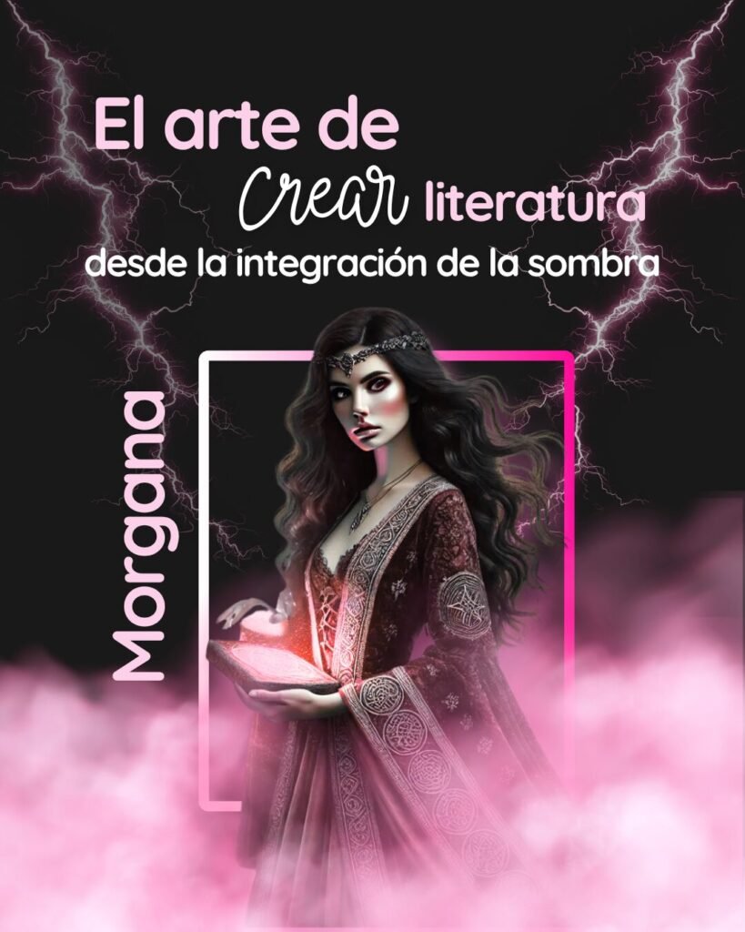 Portada de recurso didáctico titulada El arte de crear literatura desde la integración de la sombra, con la ilustración del arquetipo de Morgana sosteniendo un libro rodeado de neblina rosa.