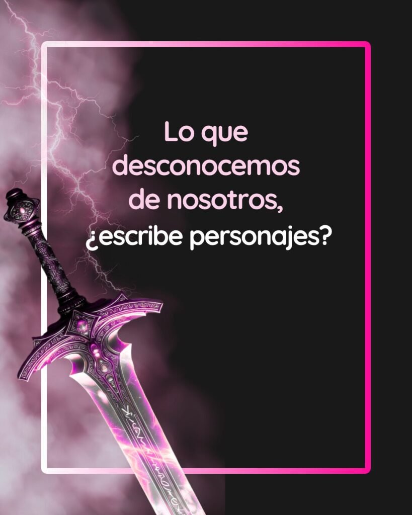 Gráfico conceptual que muestra una espada brillante junto a la pregunta: ¿Lo que desconocemos de nosotros, escribe personajes?, invitando a reflexionar sobre la proyección subconsciente al redactar.