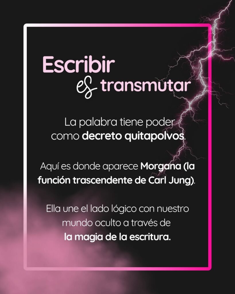 Gráfico titulado Escribir es transmutar, con el texto: La palabra tiene poder como decreto quitapolvos. Donde aparece Morgana (La función trascendente de Carl Jung). Ella une el lado lógico con nuestro mundo oculto a través de la magia de la escritura.