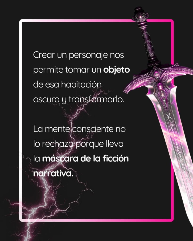 Esquema visual con una espada mística iluminada por rayos que explica que crear un personaje permite tomar un objeto de una habitación oscura y transformarlo gracias a la máscara de la ficción narrativa.