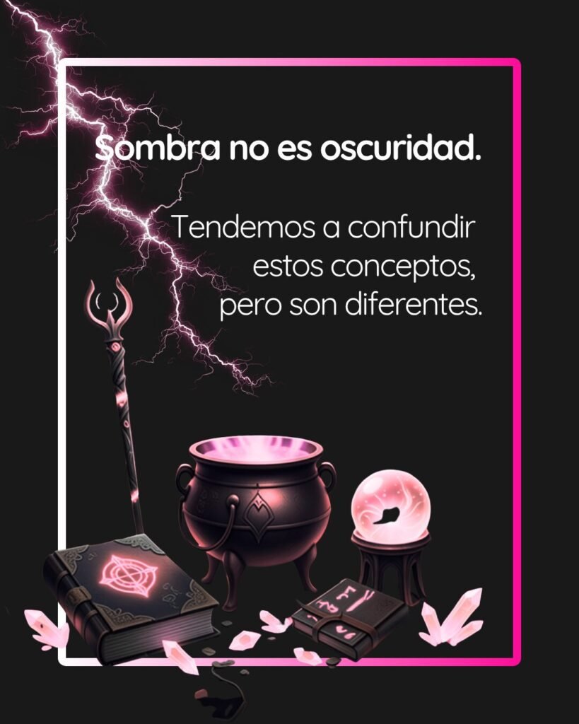Ilustración mística con caldero, grimorio y bola de cristal titulada Sombra no es oscuridad, advirtiendo sobre la tendencia de los escritores a confundir estos dos conceptos narrativos.