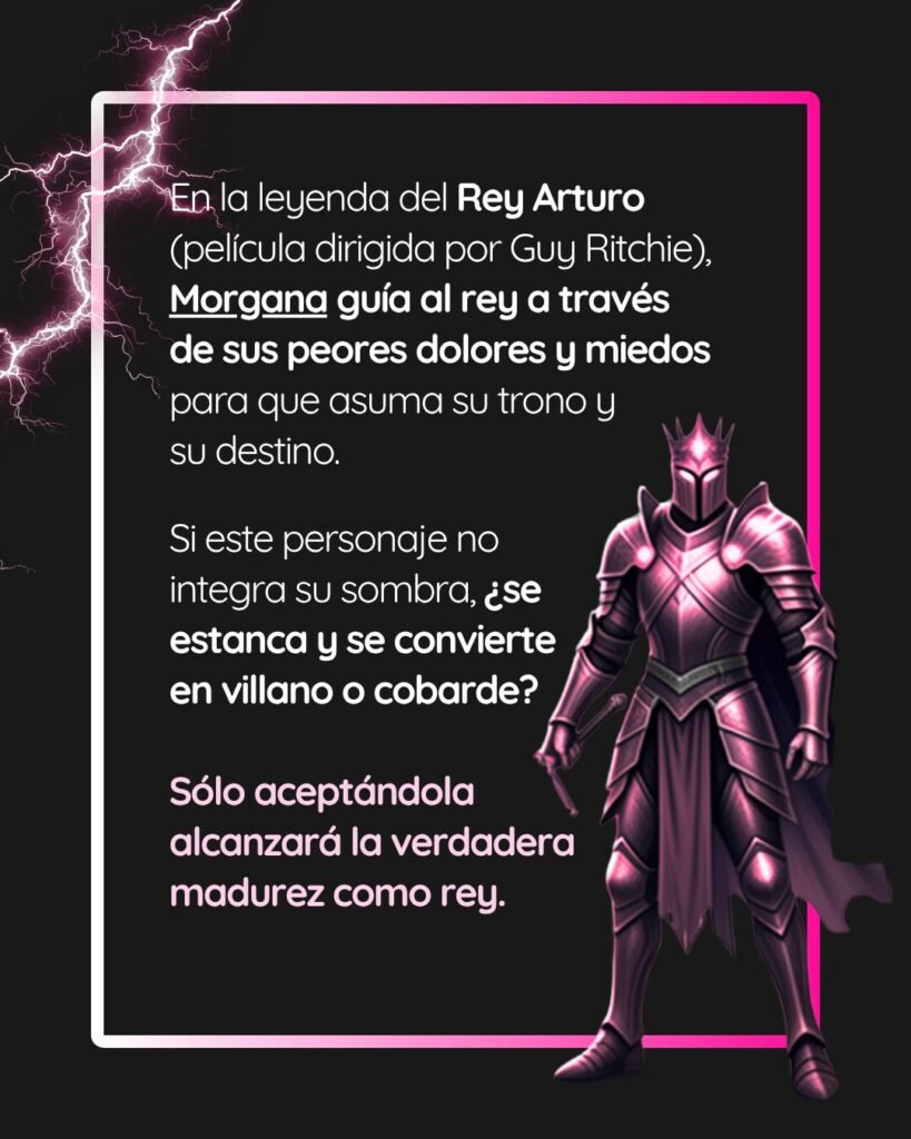 Análisis literario sobre la leyenda del Rey Arturo de Guy Ritchie, detallando cómo Morgana guía al rey a través de sus peores dolores para que integre su sombra y no se convierta en villano o cobarde.