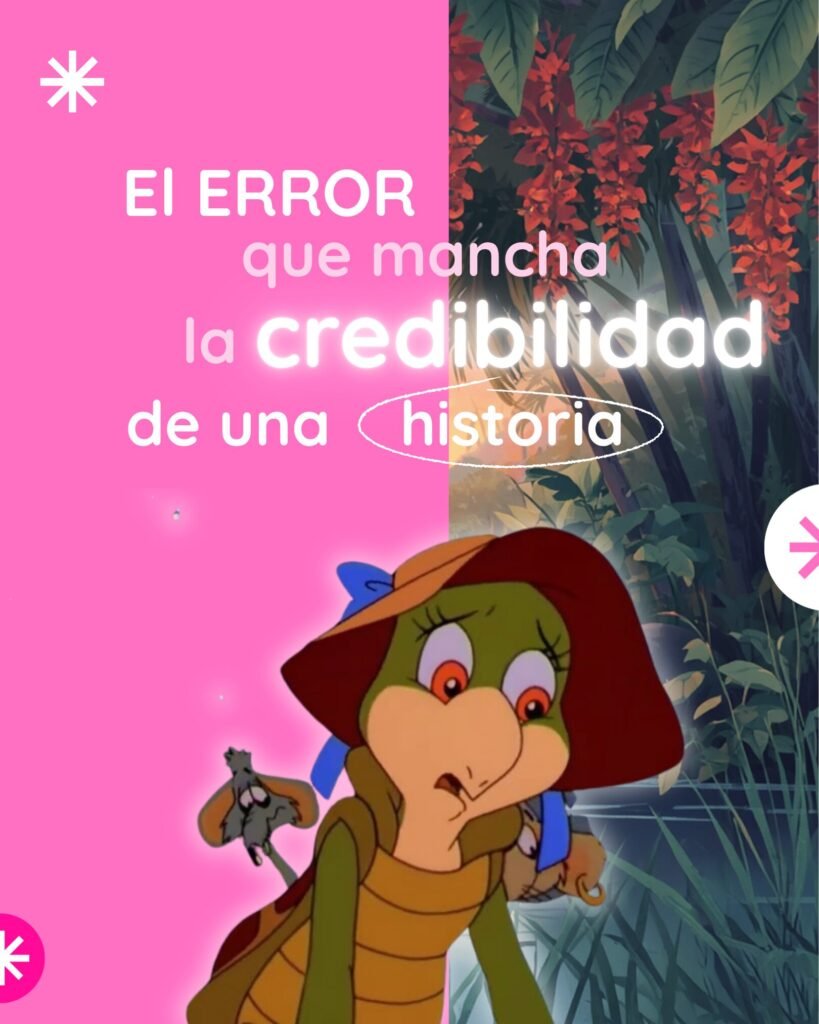 Gráfico de advertencia literaria con la tortuga Manuelita titulado 'El error que mancha la credibilidad de una historia', ambientado en un fondo de selva nocturna.