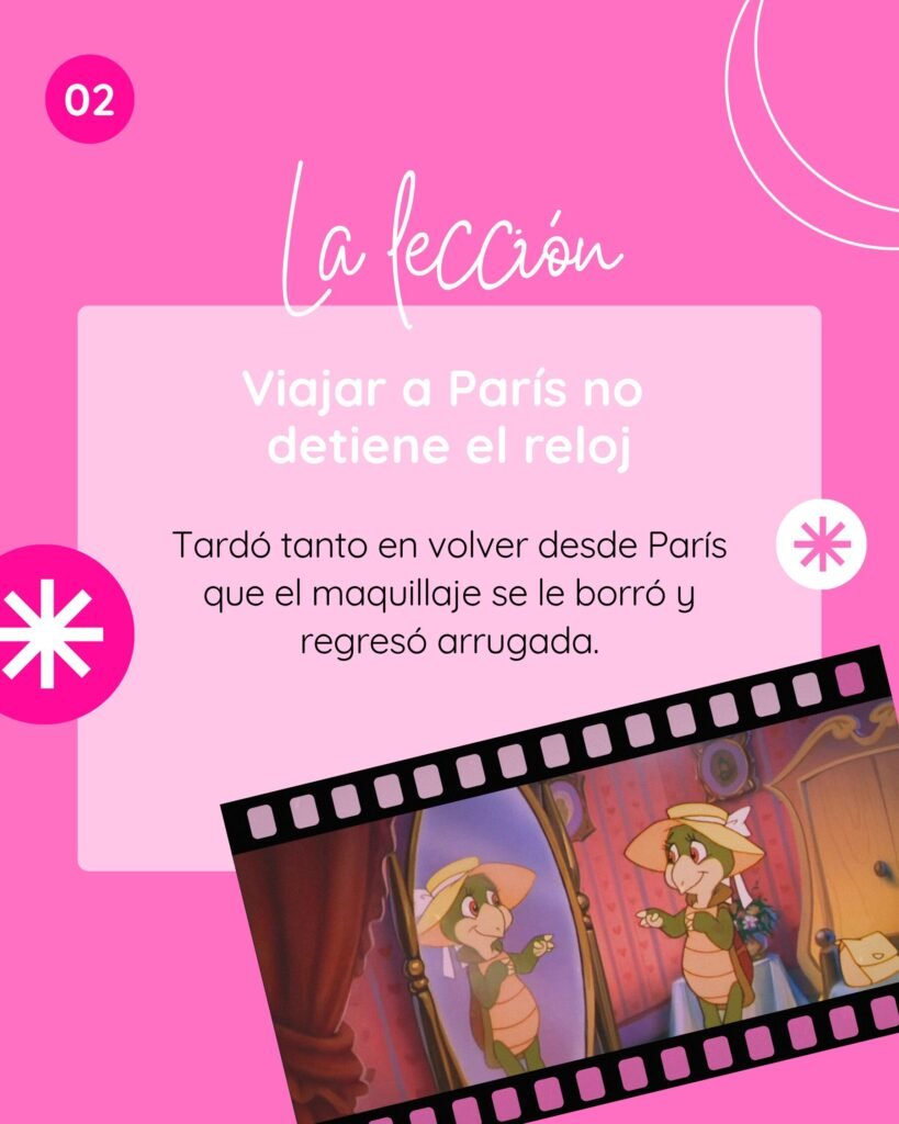 Ilustración de Manuelita en el espejo con el texto 'Viajar a París no detiene el reloj', explicando que tardó tanto en volver que regresó arrugada.