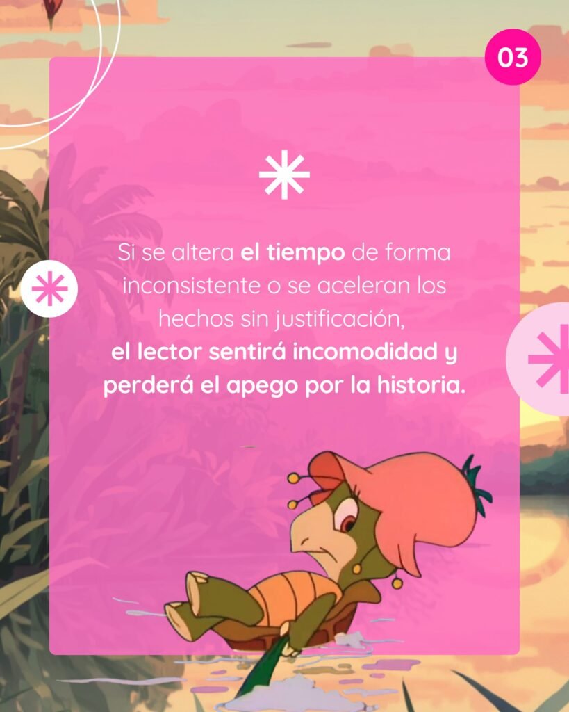 Gráfico de advertencia literaria que explica que si se altera el tiempo de forma inconsistente el lector sentirá incomodidad y perderá el apego por la historia.