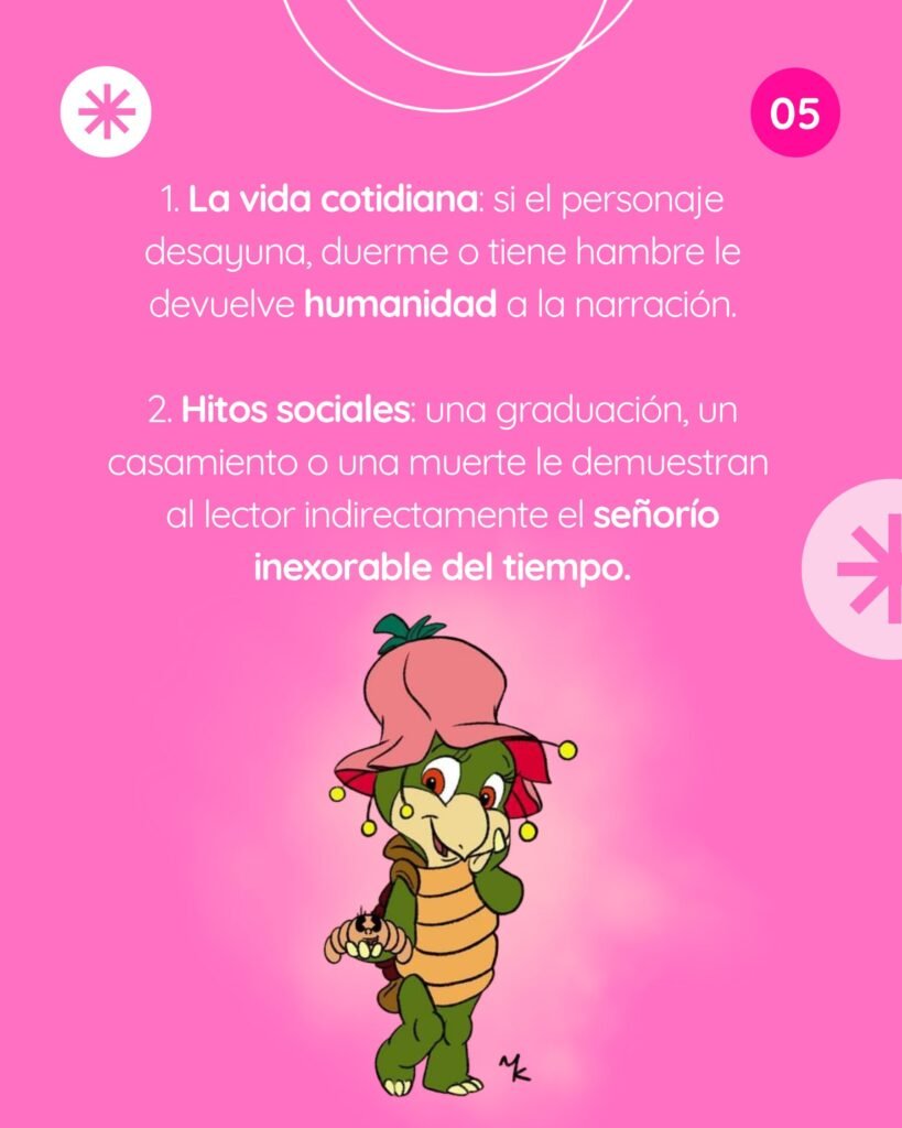 Esquema explicativo que detalla el uso de la vida cotidiana para dar humanidad y los hitos sociales para demostrar el paso del tiempo en un relato.