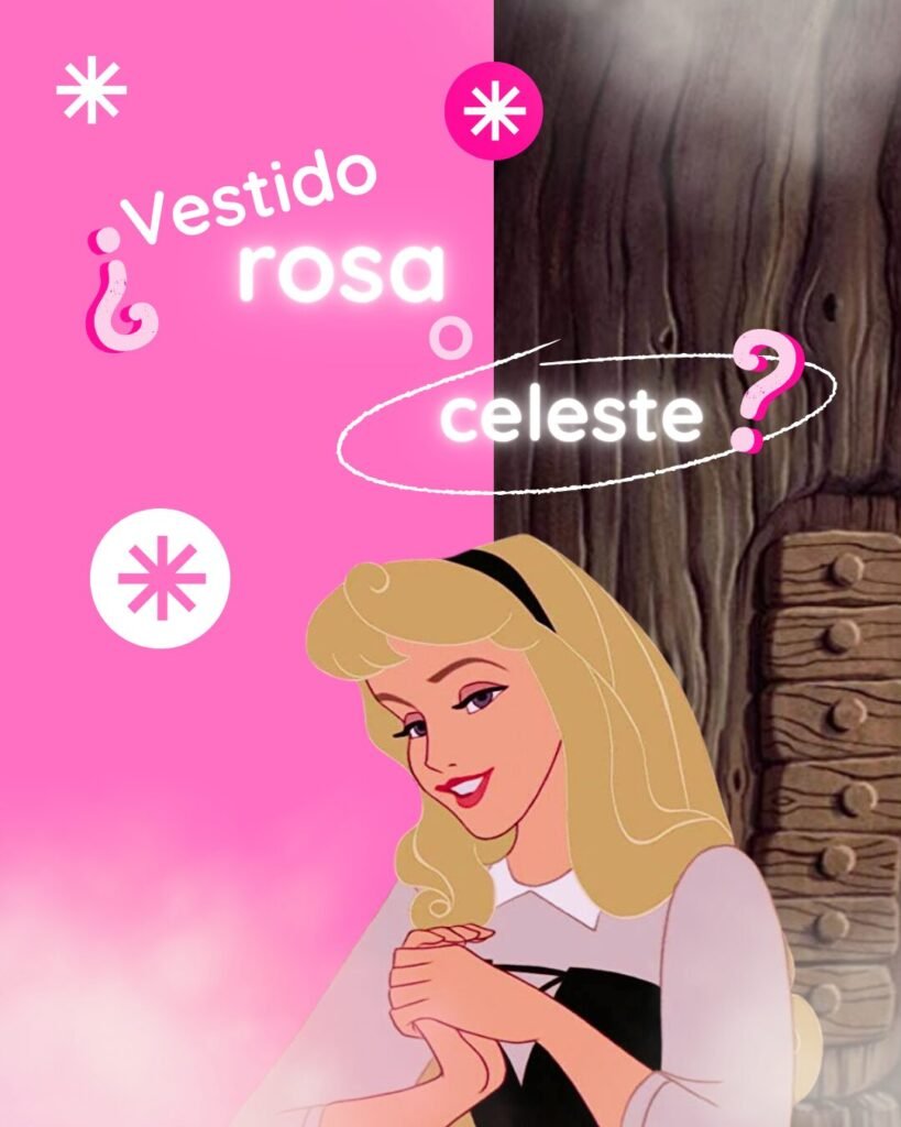 Ilustración conceptual con la Princesa Aurora que plantea el dilema visual del vestido rosa o azul para ejemplificar el uso del simbolismo del color en el desarrollo de una historia.