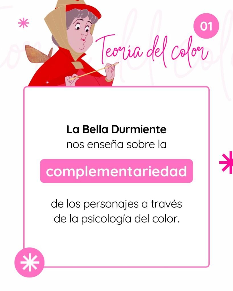 Ficha didáctica número 1 de Alana Academia de Escritores que introduce la complementariedad de los personajes a través de la psicología del color, tomando como base el cuento de La Bella Durmiente.