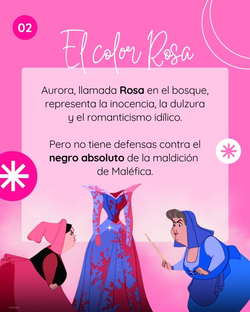 Ficha explicativa de Alana sobre el color rosa, representando la inocencia, dulzura y romanticismo idílico de Aurora, advirtiendo que no tiene defensas contra el negro absoluto de la maldición de Maléfica.