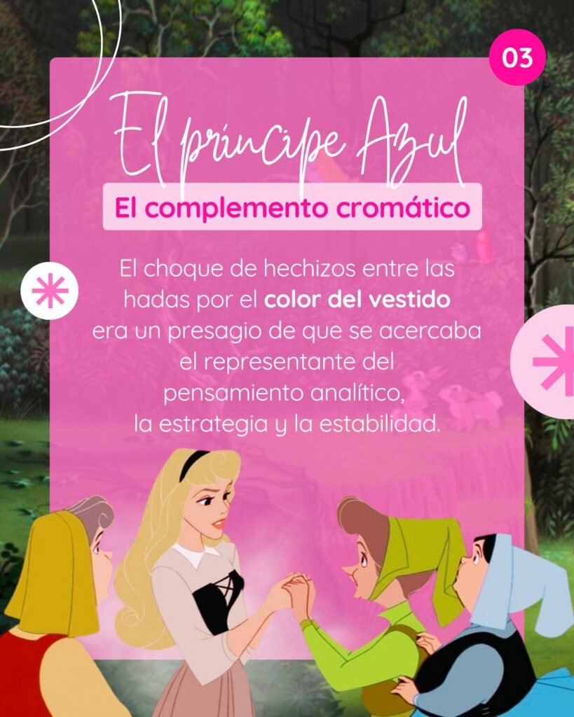 Infografía titulada El Príncipe Azul y el complemento cromático que explica cómo el choque de hechizos por el color del vestido era un presagio del pensamiento analítico, la estrategia y la estabilidad. Imagen de Aurora con sus hadas madrinas.