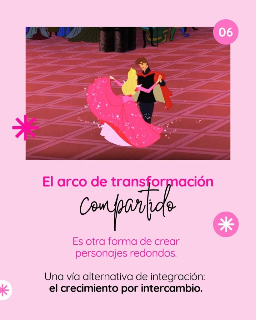 Esquema literario que define el arco de transformación compartido como otra forma de crear personajes redondos mediante el crecimiento por intercambio, ilustrado con Aurora y Felipe bailando.