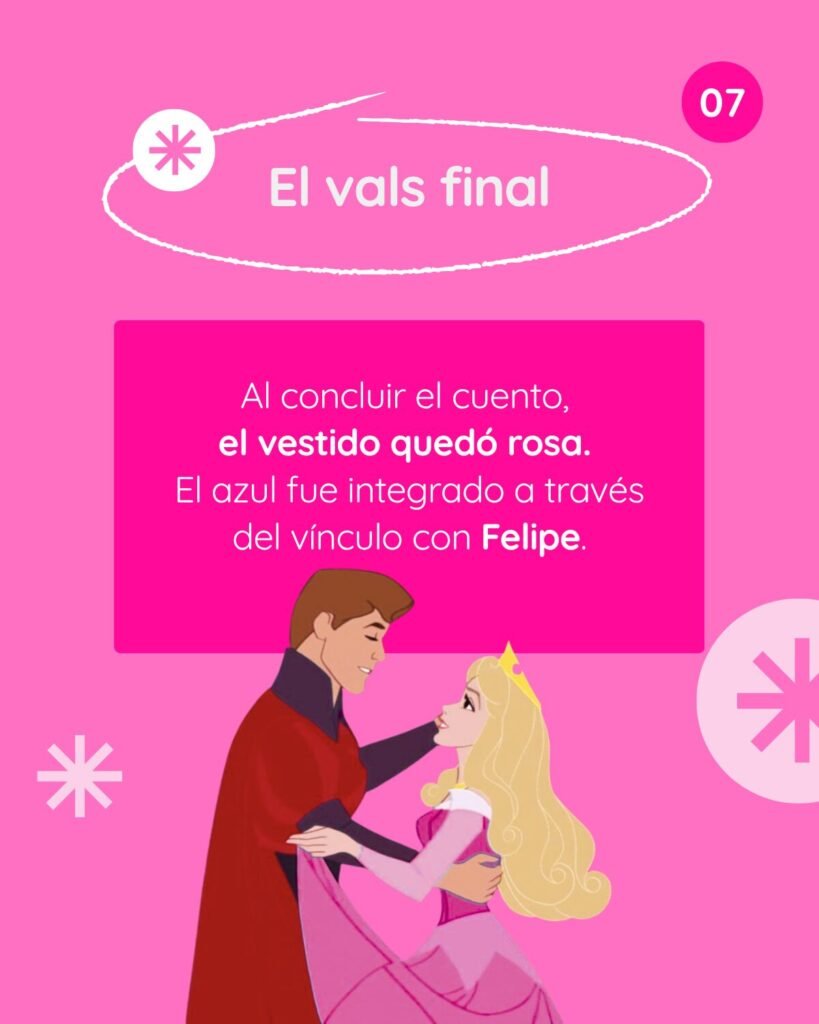 Infografía titulada El Vals Final que explica la conclusión de un cuento donde el vestido quedó rosa y el azul fue integrado a través del vínculo con Felipe.