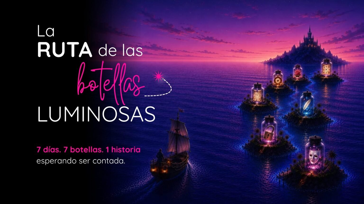 Gráfico del desafío de escritura creativa de Alana: La Ruta de las Botellas Luminosas. Ilustración de un barco navegando de noche hacia islas con botellas gigantes brillantes. Texto: 7 días, 7 botellas, 1 historia.