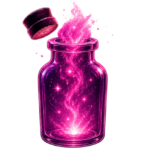 Paso 2. Frasco de cristal abierto liberando una poción mágica con destellos y humo brillante color rosa, utilizada como símbolo de desbloqueo en el reto de escritura.