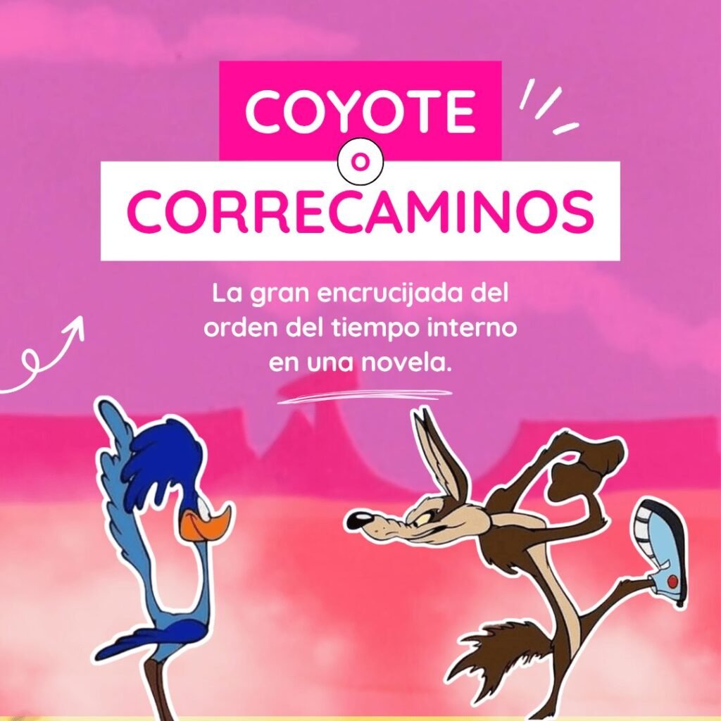 Portada cuadrada del post sobre orden temporal en la narración literaria, ilustrada con los personajes de caricatura Coyote y Correcaminos.