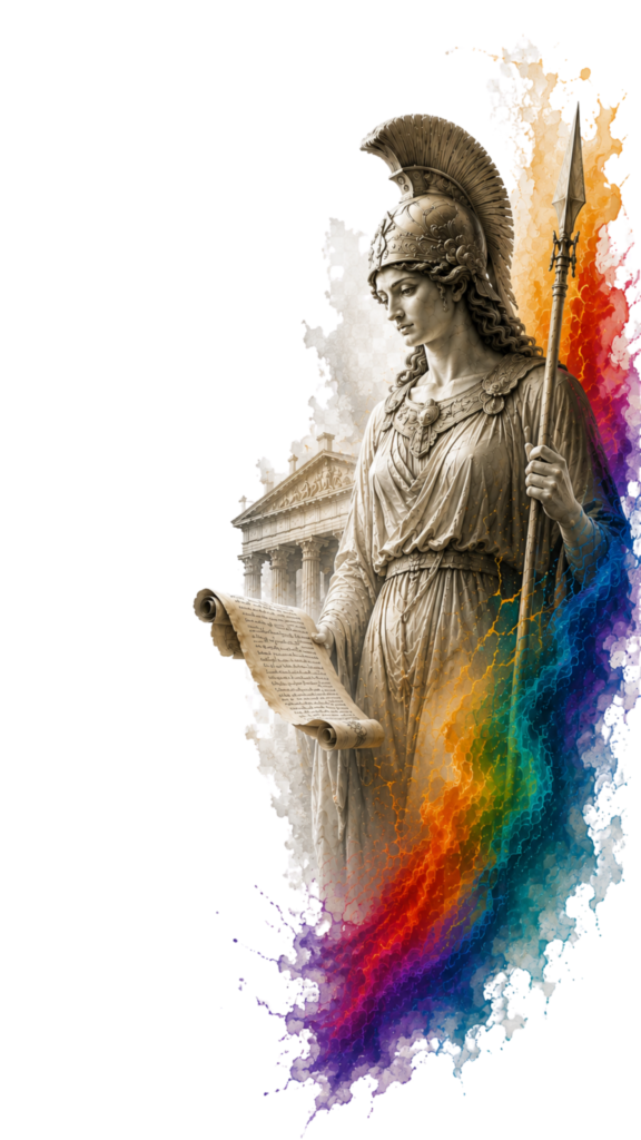 Ilustración estilo estatua clásica de la diosa Atenea con casquetes y lanza, sosteniendo un pergamino abierto rodeada de acuarelas de colores vibrantes.