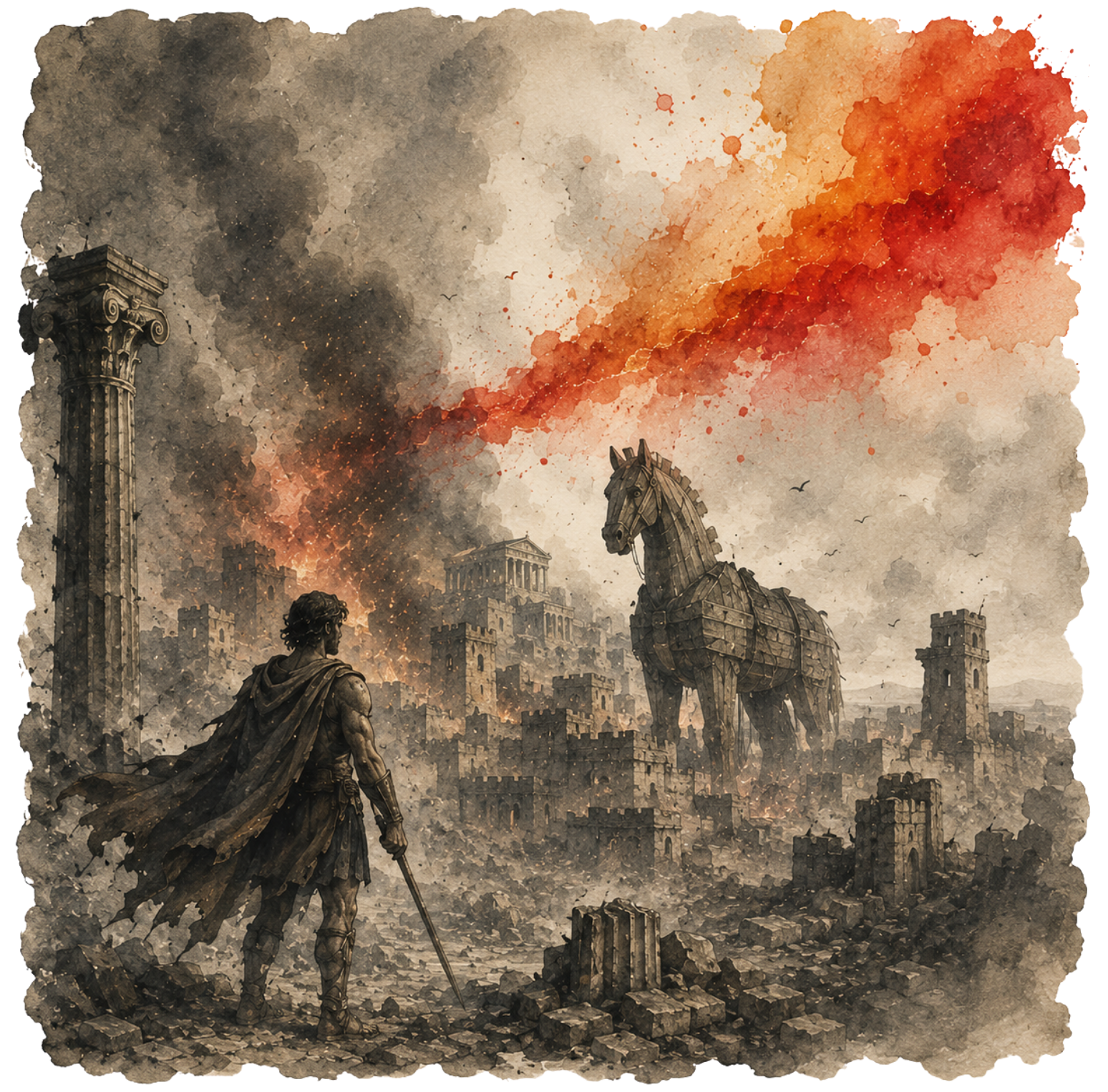 Ilustración en acuarela sepia de Ulises empuñando una espada frente a las ruinas de Troya y un colosal caballo de madera envuelto en humo rojo y naranja.