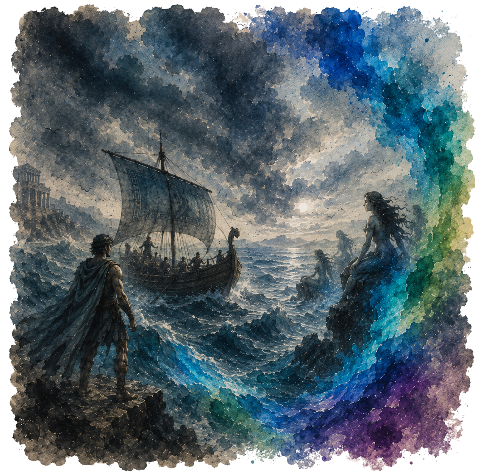 Ilustración en acuarela de una embarcación griega navegando mares agitados entre sirenas sobre rocas, enmarcada por una ráfaga multicolor en tonos azul marino, verde y violeta.