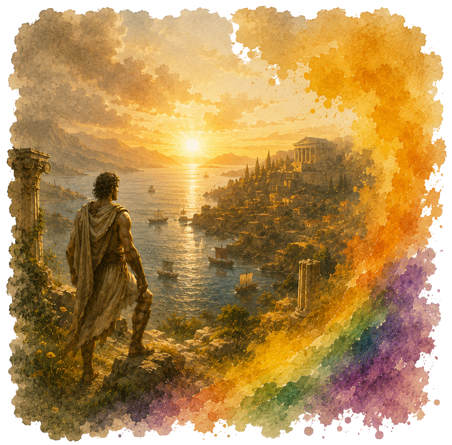 Acuarela de un guerrero griego contemplando una acrópolis al atardecer, rodeado por un marco en degradé de tonos amarillos, naranjas y violetas.