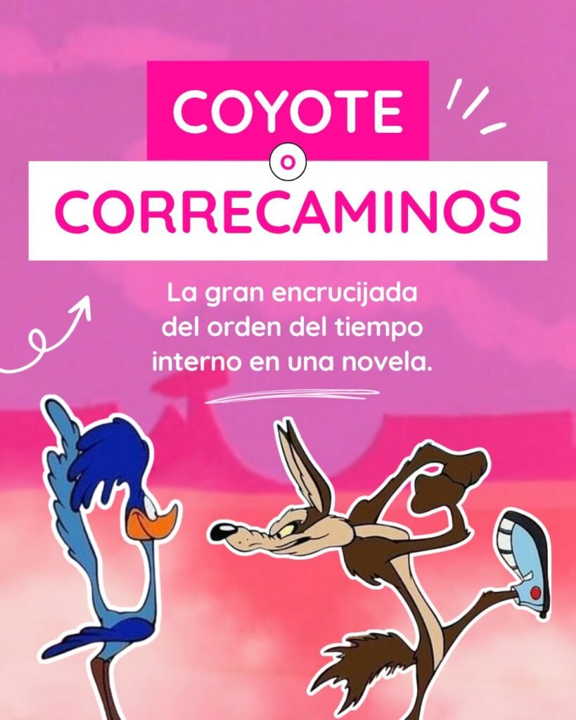 Diapositiva de lectura vertical con el Coyote y el Correcaminos que introduce el dilema del orden del tiempo interno en una obra literaria.