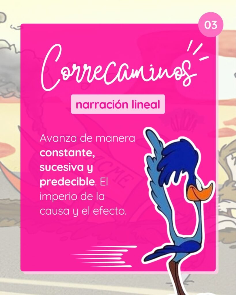 Gráfica con el personaje del Correcaminos que define la narración lineal como un avance constante, sucesivo y predecible regido por la causa y el efecto.