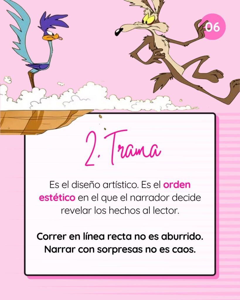 Gráfica explicativa con el Coyote y el Correcaminos que define la Trama como el diseño artístico y el orden estético en el que se revelan los hechos al lector.