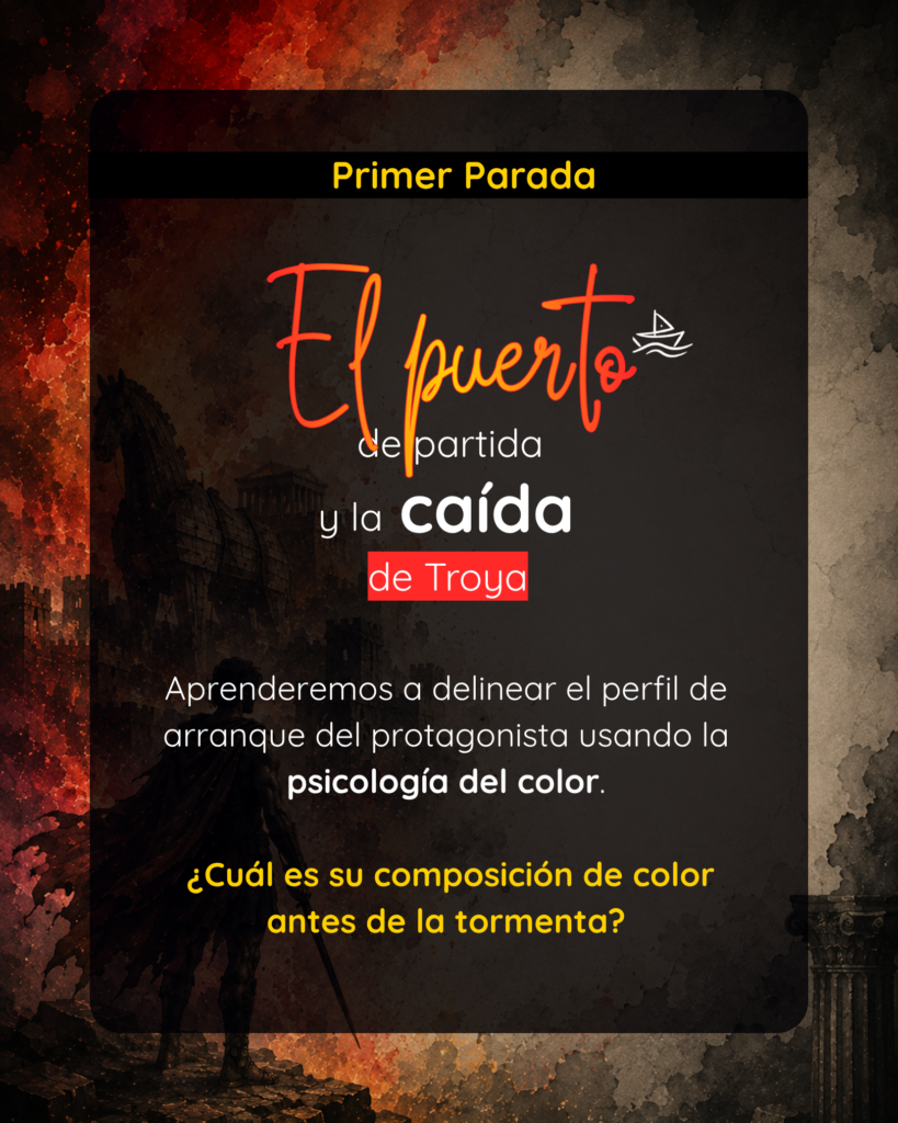Gráfica explicativa: Primer Parada. El puerto de partida y la caída de Troya. Aprenderemos a delinear el perfil de arranque del protagonista usando la psicología del color. ¿Cuál es su composición de color antes de la tormenta?