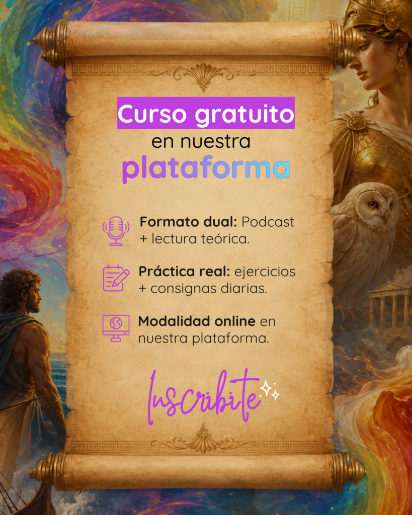 Gráfica promocional: Curso gratuito en nuestra plataforma. Formato dual con podcast y lectura teórica, práctica real con ejercicios y consignas diarias en modalidad online.