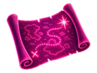 Paso 1. Mapa del tesoro enrollado en tonos rosa neón y magenta que ilustra el recorrido de islas del reto de escritura creativa La ruta de las botellas luminosas.